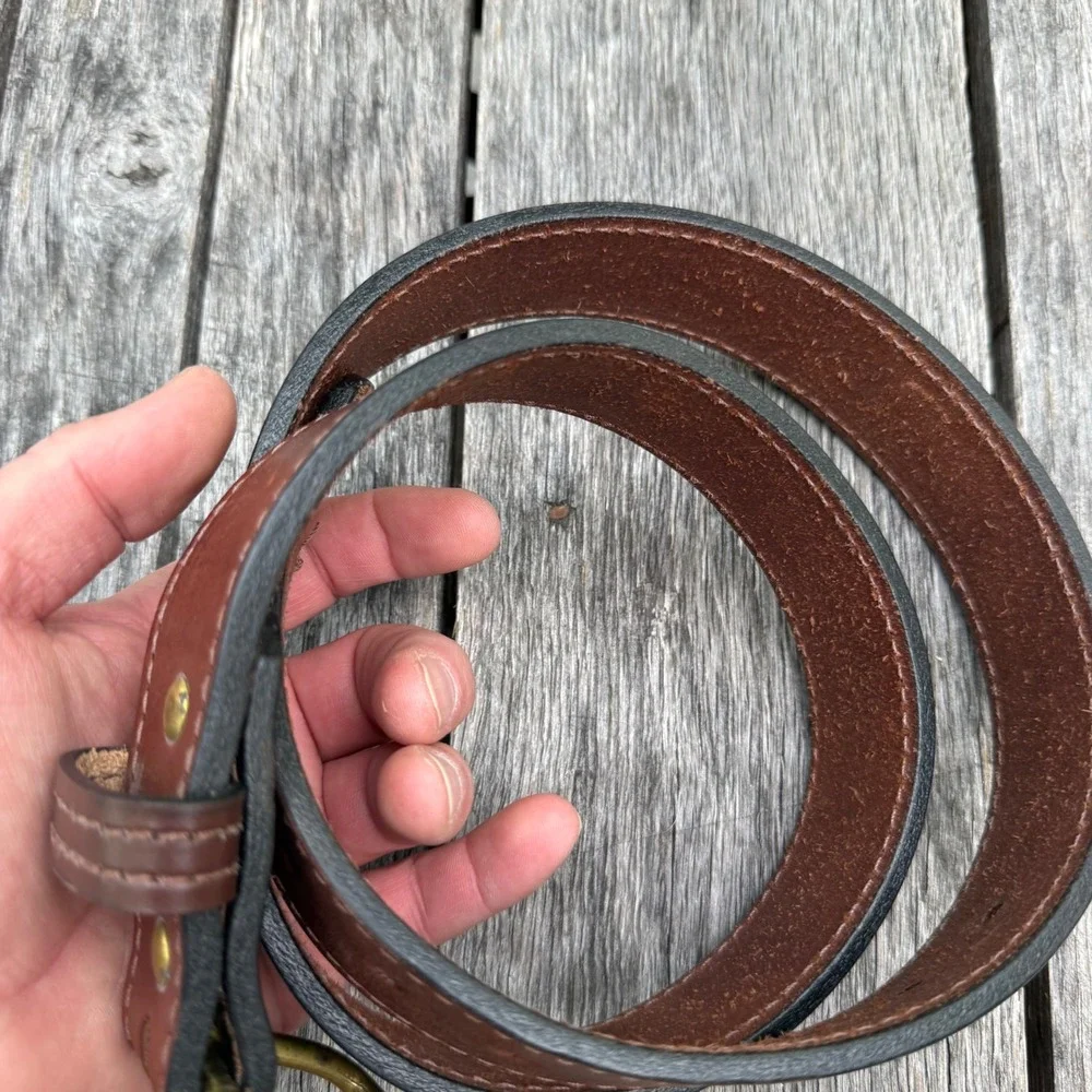 Mens Brown Leather Work Belt‎ Size 38 Solid Brass Buckle Heavy Duty Stitched